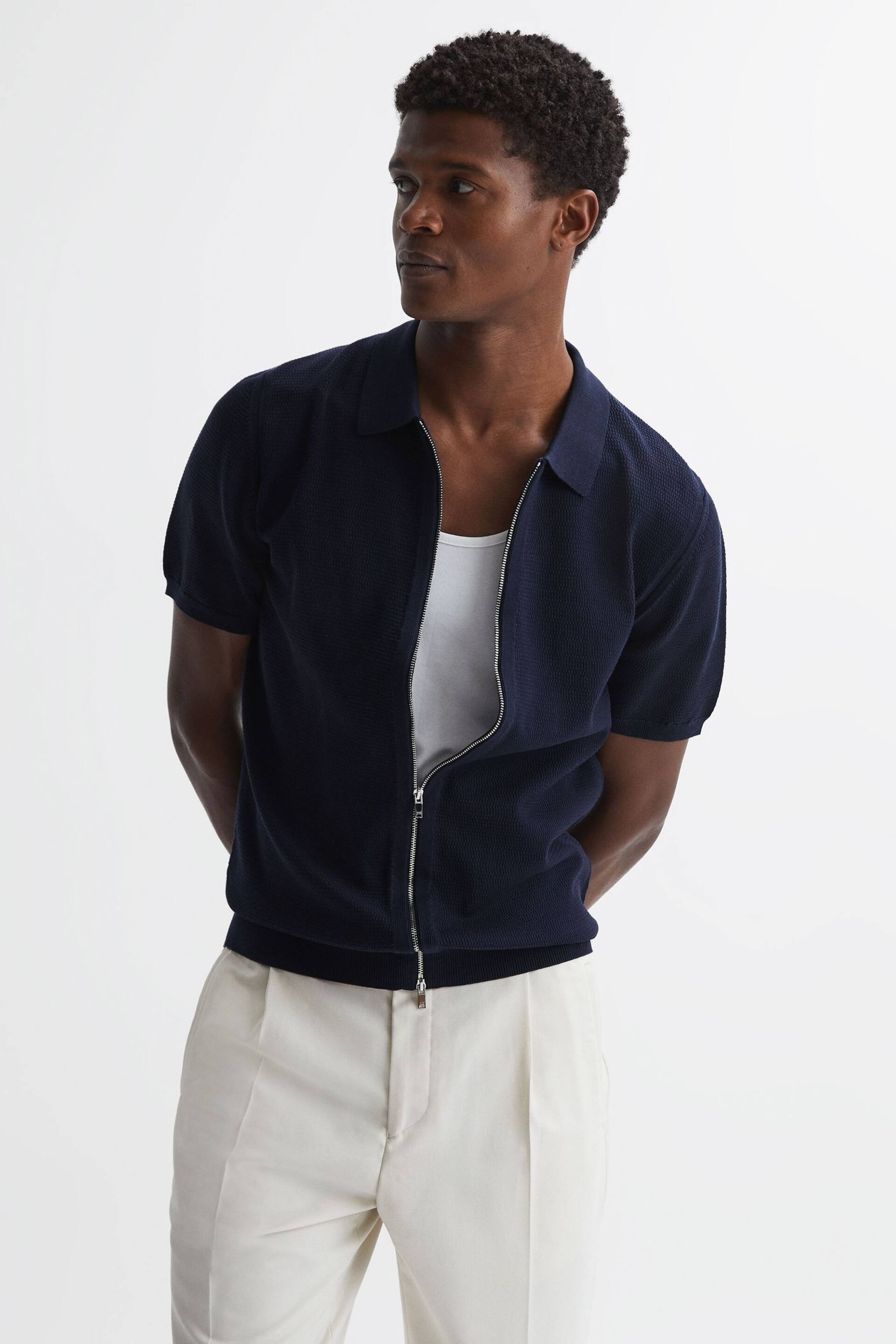 Reiss Navy Walton Slim Fit Textured Zip Through T-Shirt - Image 1 of 4
