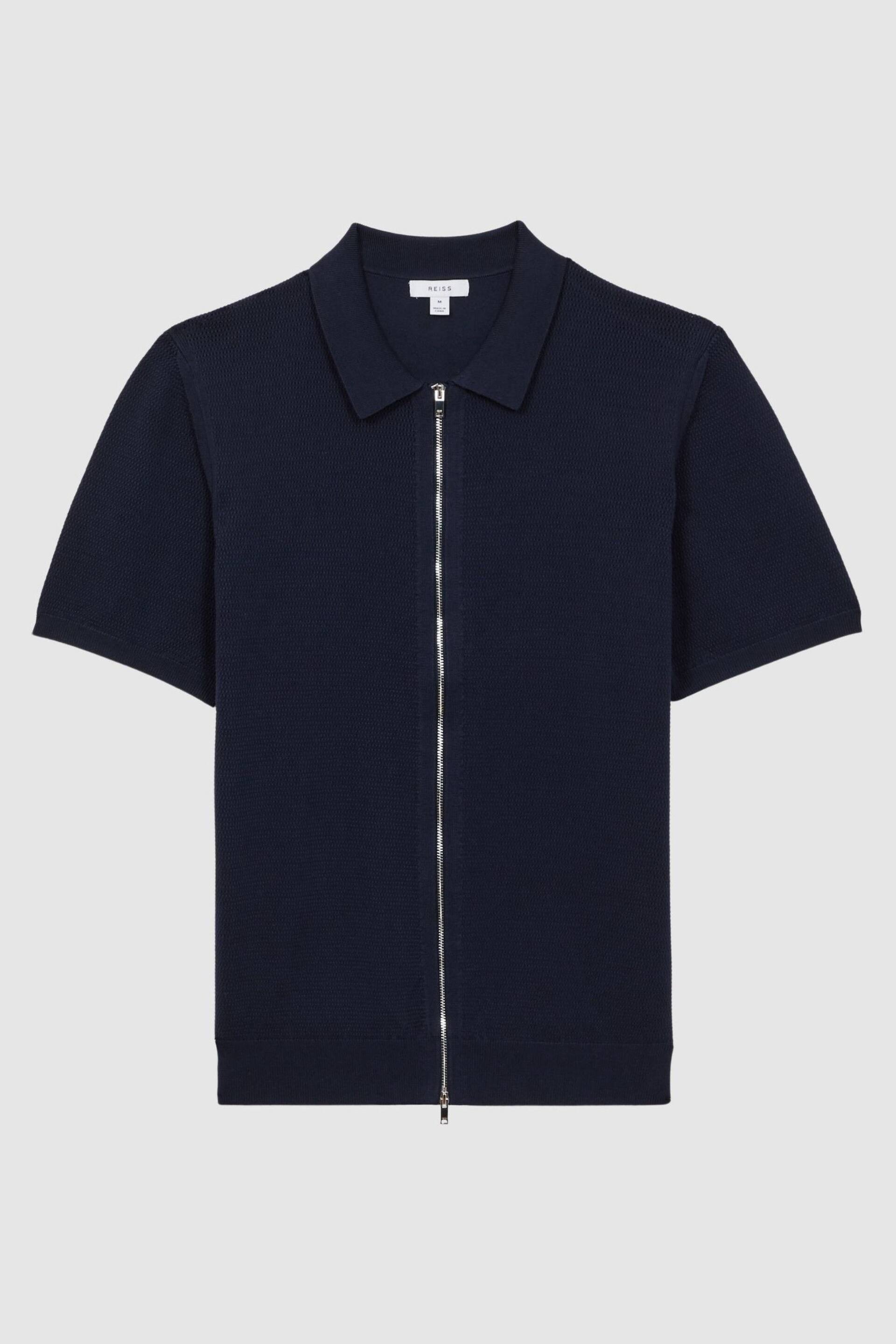 Reiss Navy Walton Slim Fit Textured Zip Through T-Shirt - Image 2 of 4