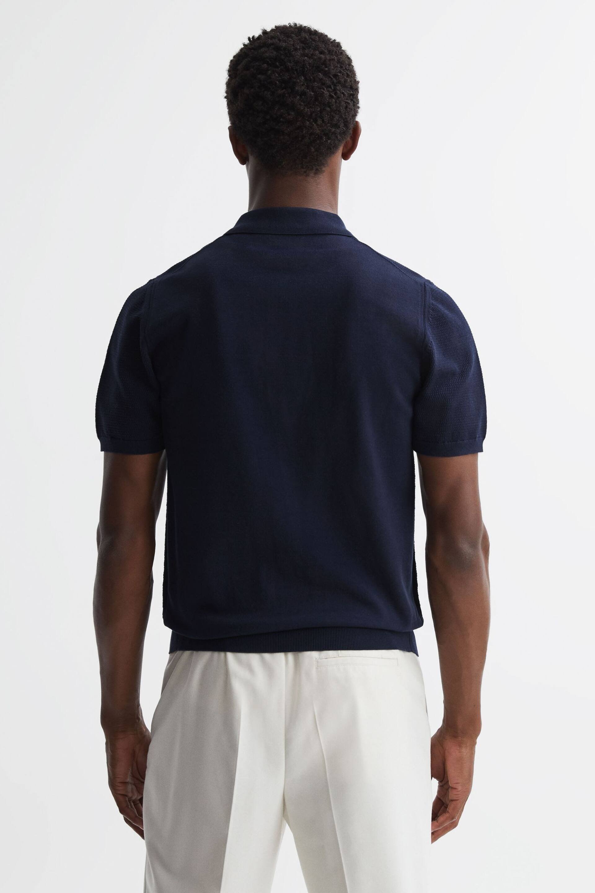 Reiss Navy Walton Slim Fit Textured Zip Through T-Shirt - Image 4 of 4