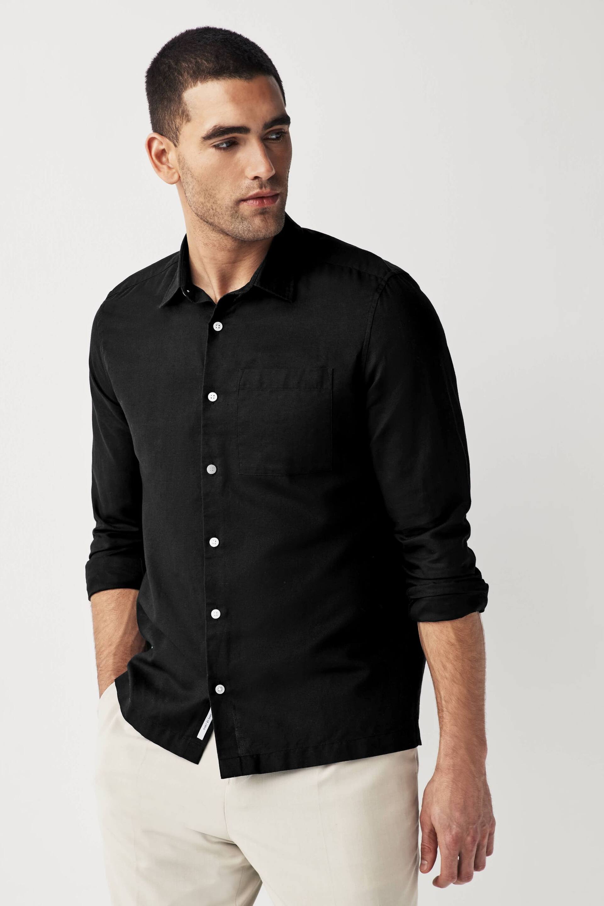 Black Linen Blend Long Sleeve Shirt - Image 1 of 7