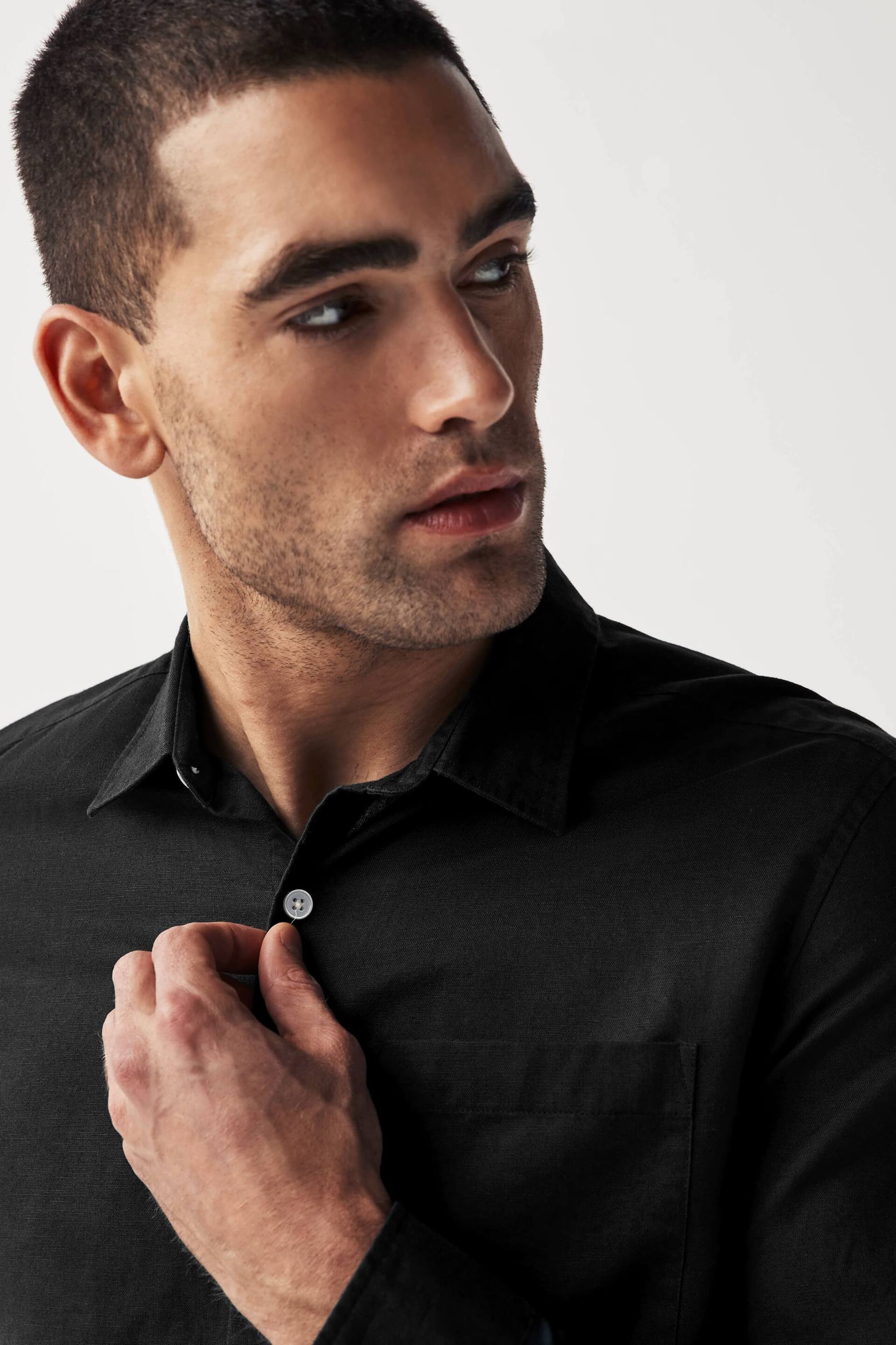 Black Linen Blend Long Sleeve Shirt - Image 4 of 7