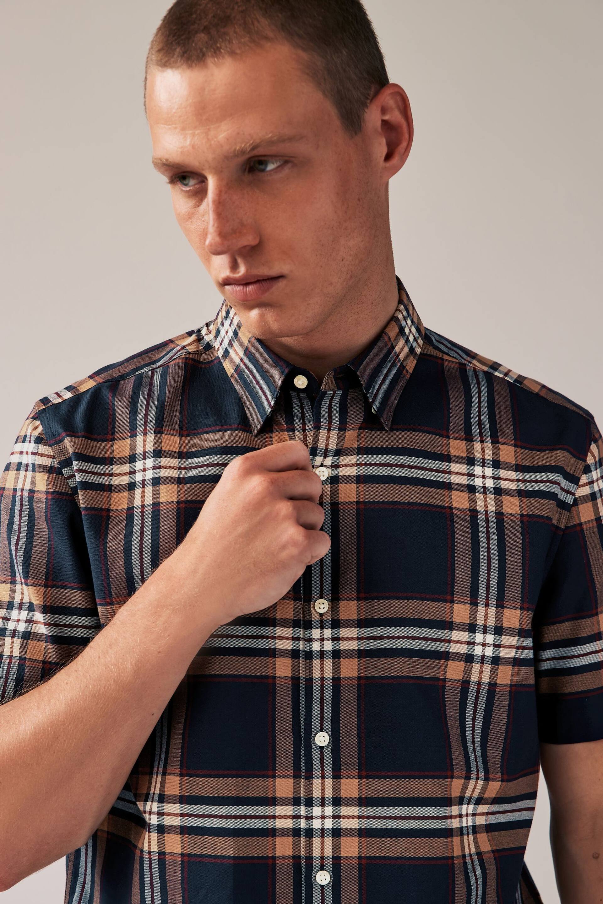 Navy Blue/Rust Orange Stretch Oxford Check Short Sleeve Shirt - Image 4 of 7