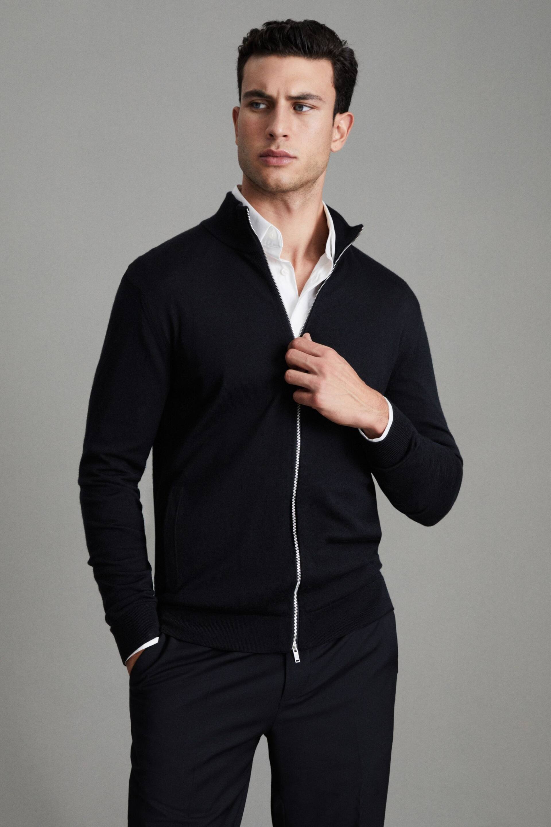 Reiss Black Hampshire Merino Wool Funnel-Neck Jacket - Image 1 of 6