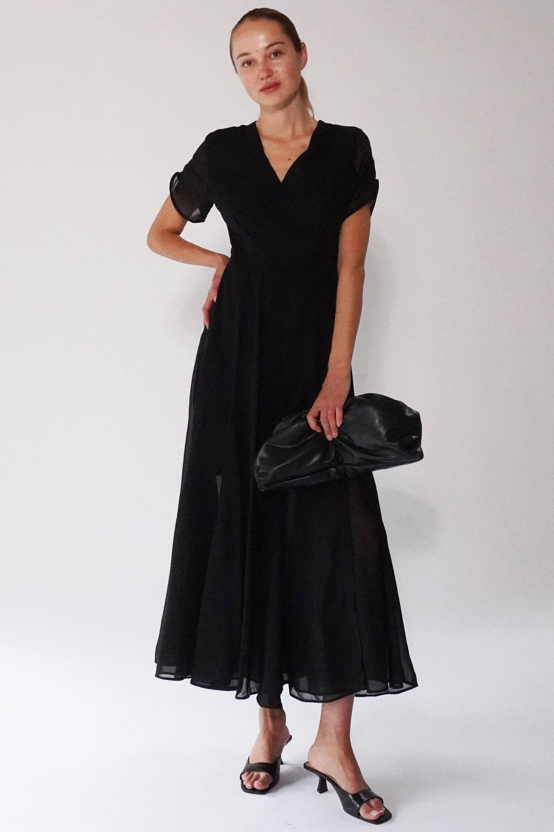 Religion Black Wrap Maxi Dress with Full Skirt In Soft Georgette - Image 4 of 7