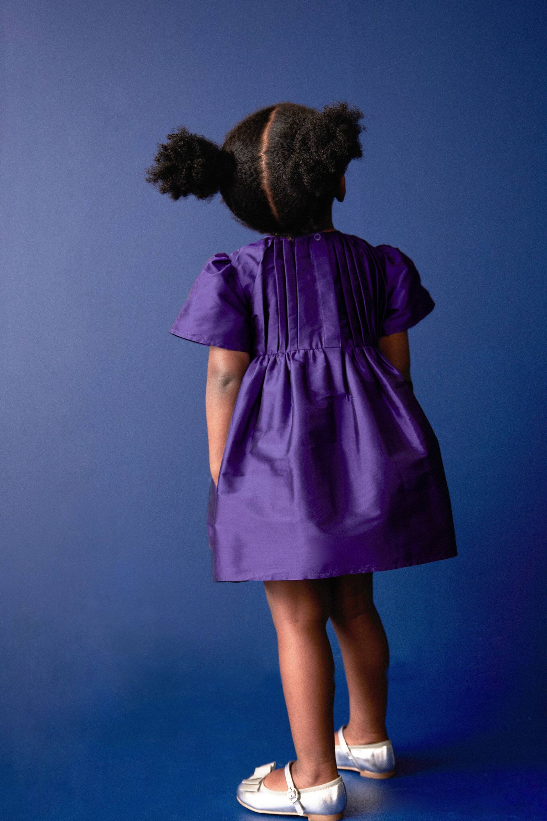 Purple Pleat Detail Short Sleeve Taffeta Dress (3mths-10yrs) - Image 3 of 8