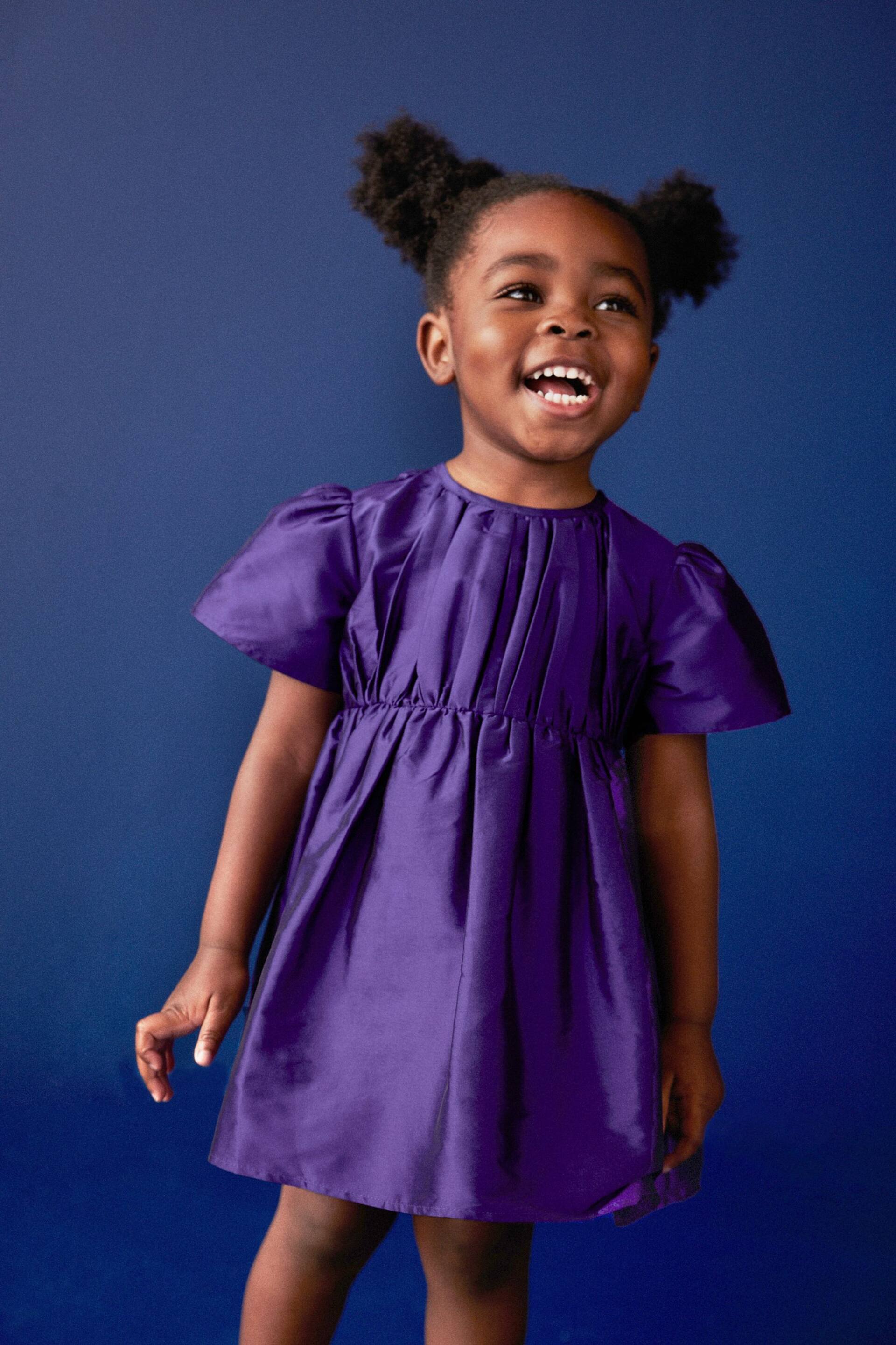 Purple Pleat Detail Short Sleeve Taffeta Dress (3mths-10yrs) - Image 4 of 8