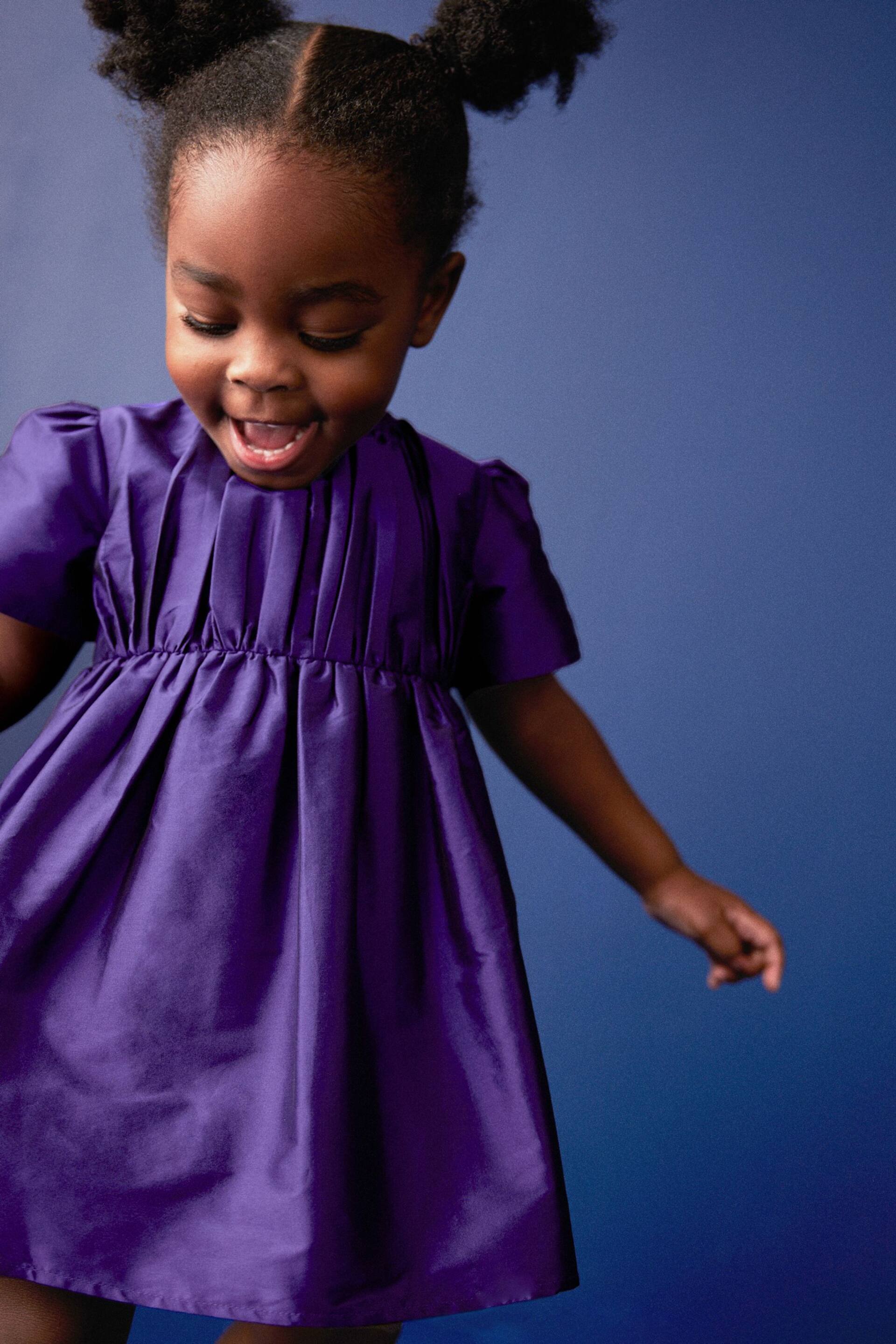 Purple Pleat Detail Short Sleeve Taffeta Dress (3mths-10yrs) - Image 5 of 8