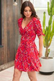 Pour Moi Red Multi Floral Bella Fuller Bust Slinky Stretch Tie Sleeve Mini Dress - Image 1 of 5