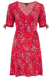 Pour Moi Red Multi Floral Bella Fuller Bust Slinky Stretch Tie Sleeve Mini Dress - Image 4 of 5