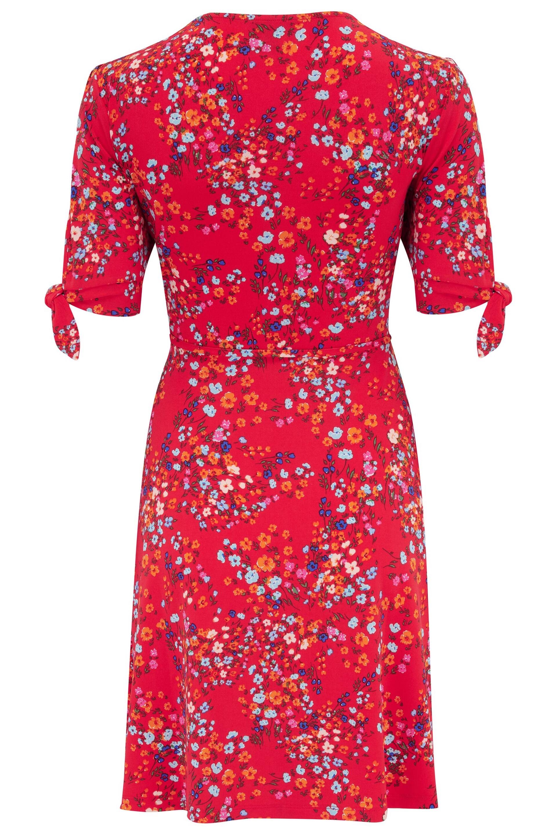 Pour Moi Red Multi Floral Bella Fuller Bust Slinky Stretch Tie Sleeve Mini Dress - Image 5 of 5