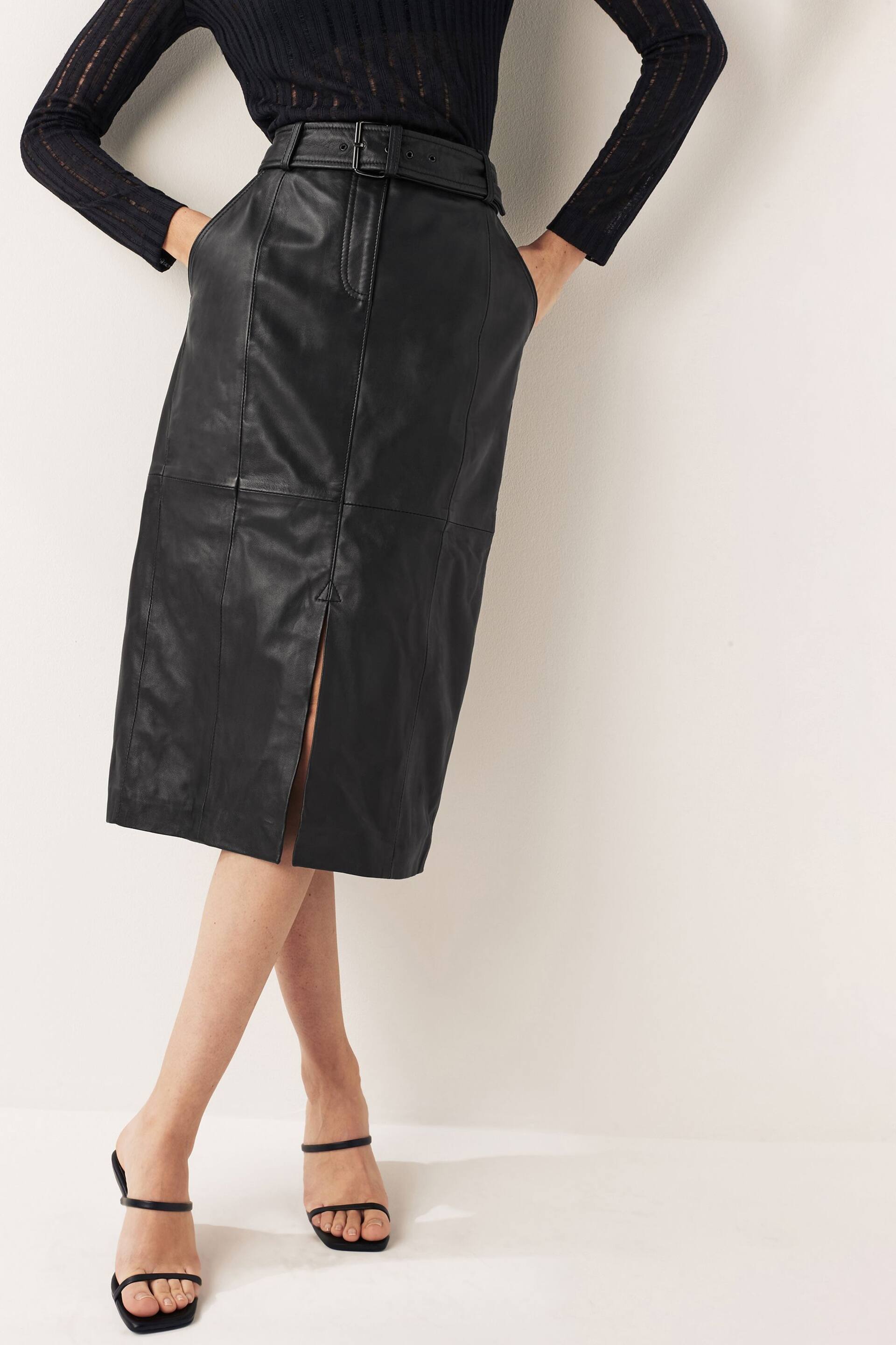 Urban Code Black Leather Front Split Midi Skirt With Removable Belt - Image 1 of 7