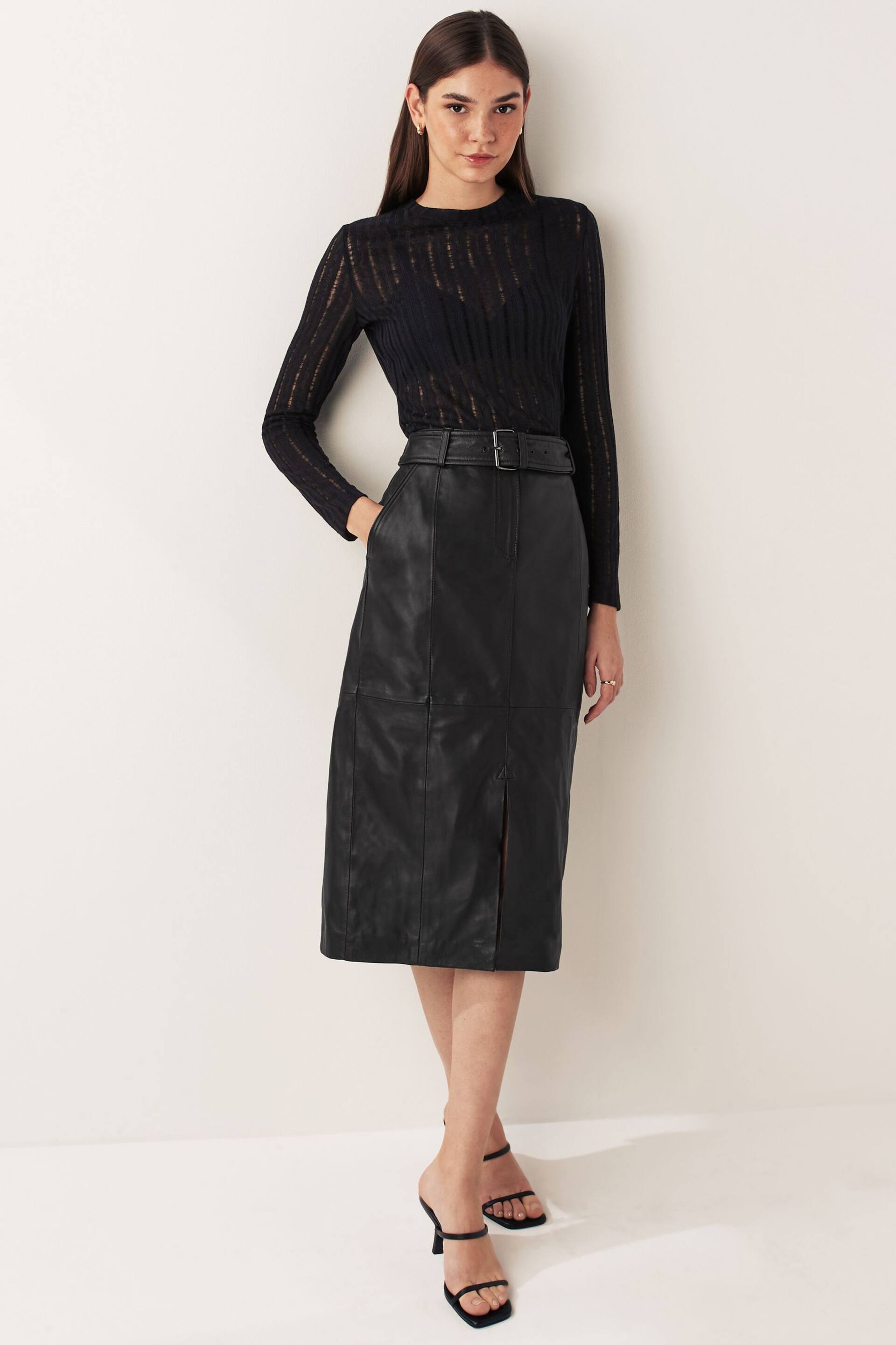 Urban Code Black Leather Front Split Midi Skirt With Removable Belt - Image 2 of 7