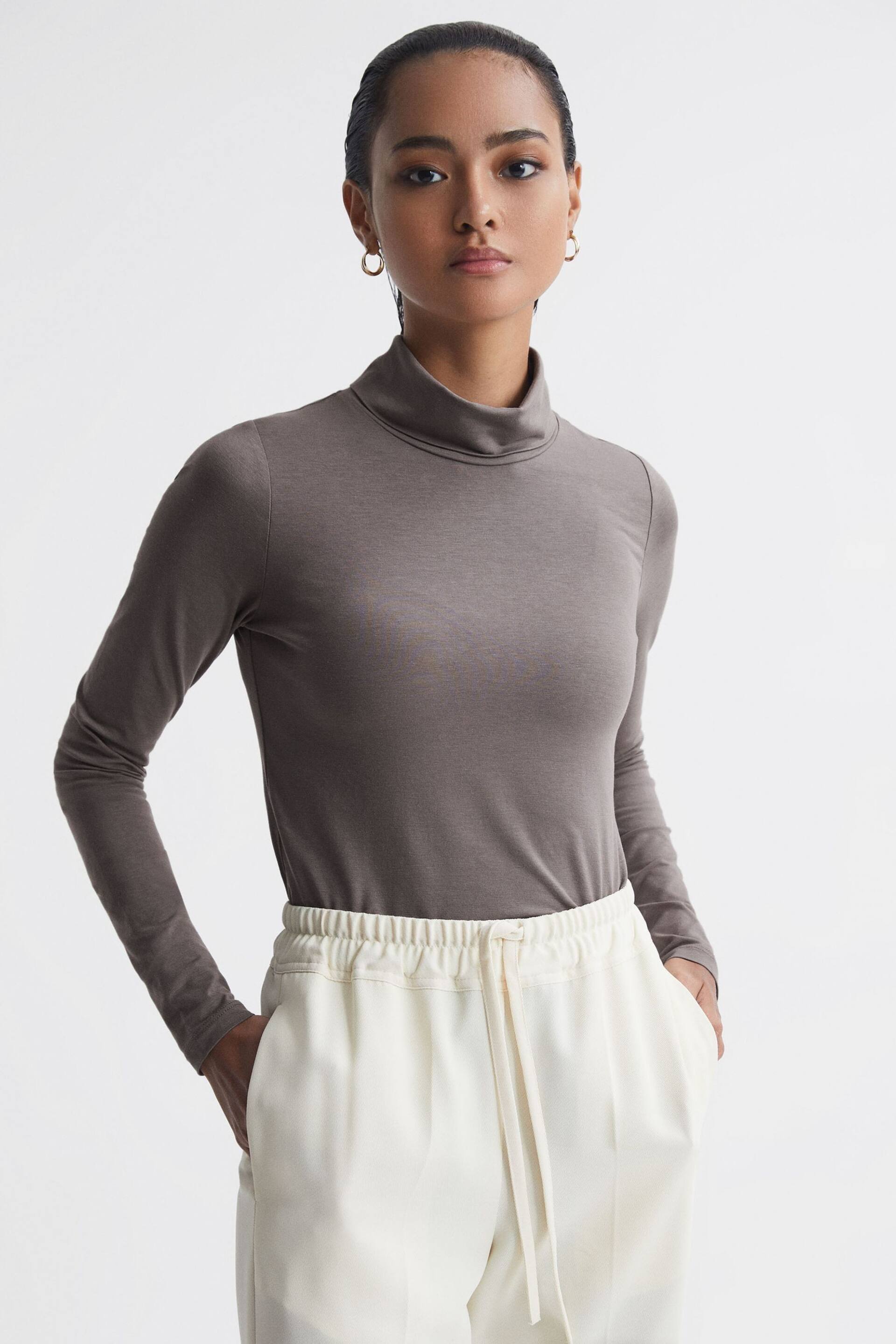 Reiss Taupe Piper Fitted Roll Neck T-Shirt - Image 4 of 5
