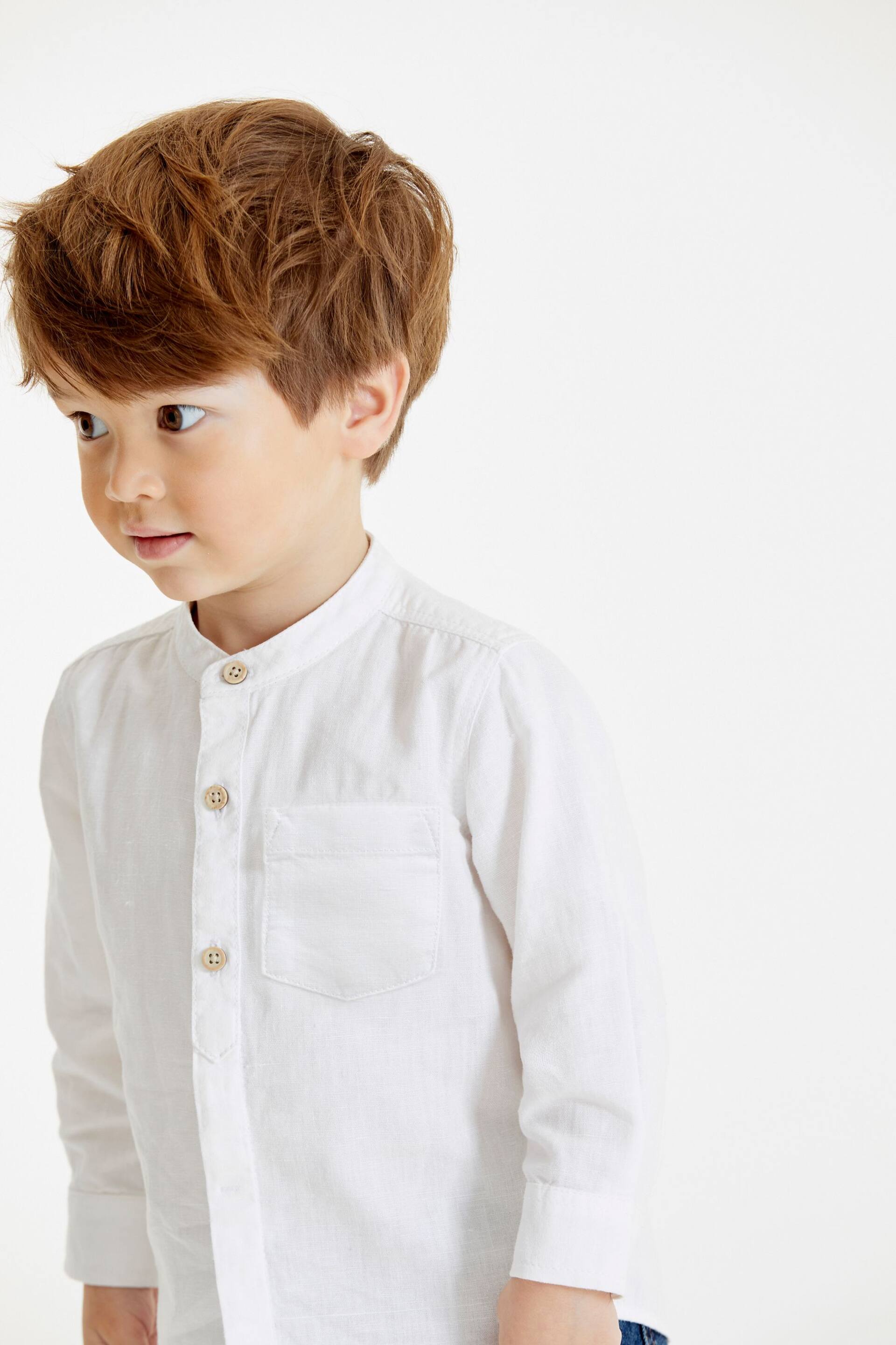 White Grandad Collar Linen Mix Shirt (3mths-7yrs) - Image 2 of 7