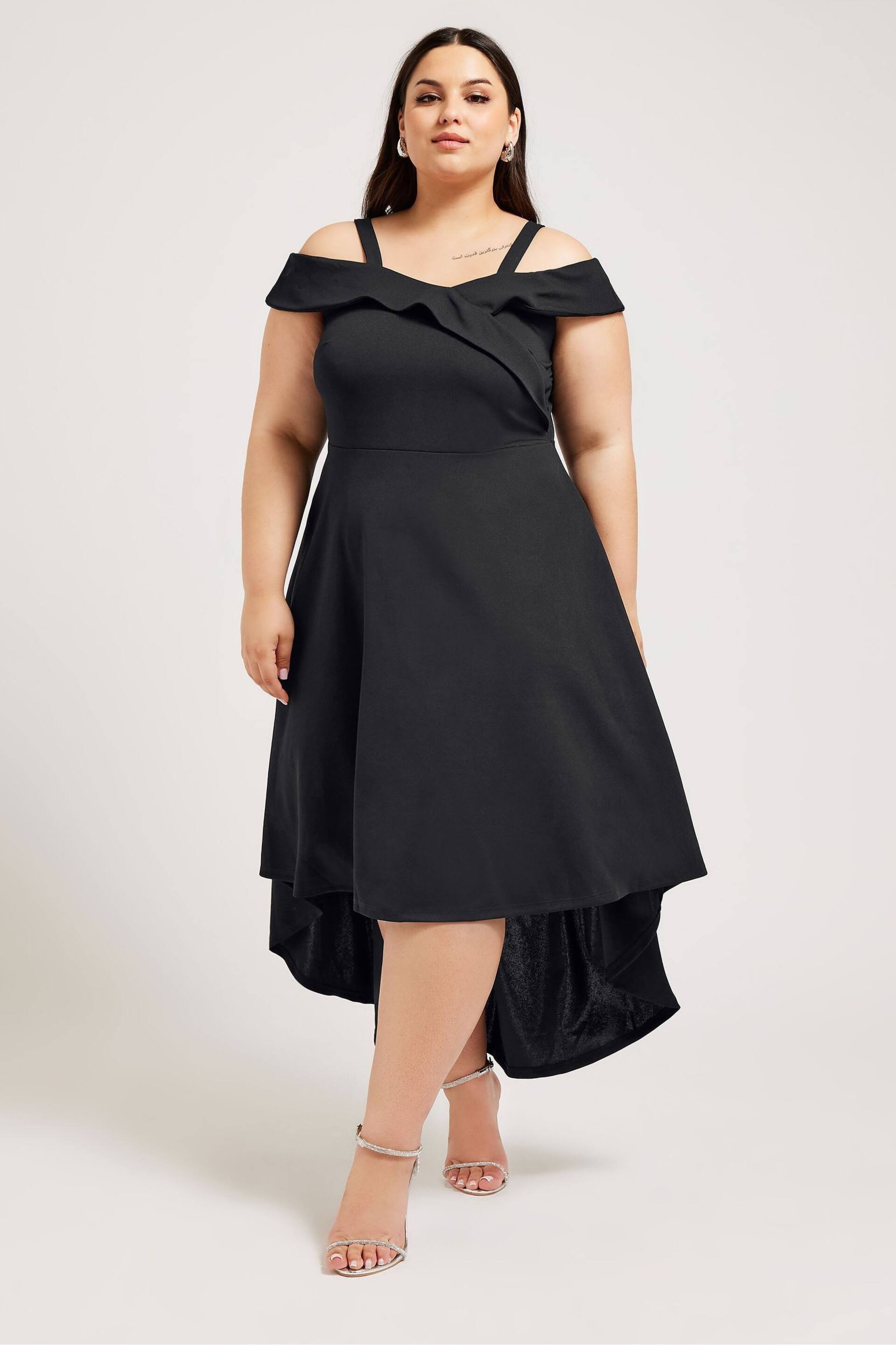 YOURS LONDON Curve Black Black Bardot Dipped Hem Dress - Image 1 of 5